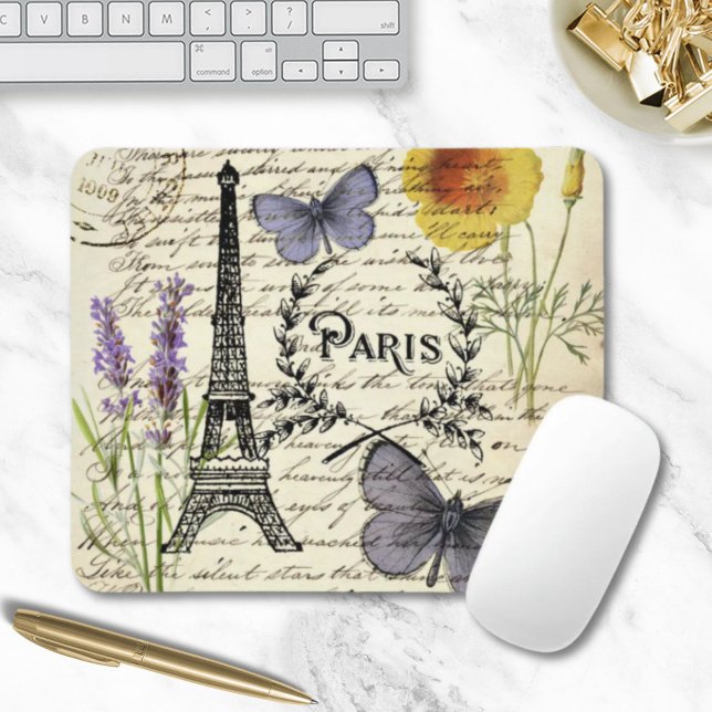 Vintager, rustikaler Schmetterlingsturm Mousepad (vintage rustic french butterfly paris eiffel tower mouse pad)