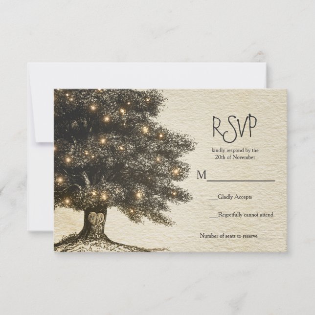 Vintager Rustikaler Tree & Lights Hochzeit RSVP (Vorderseite)