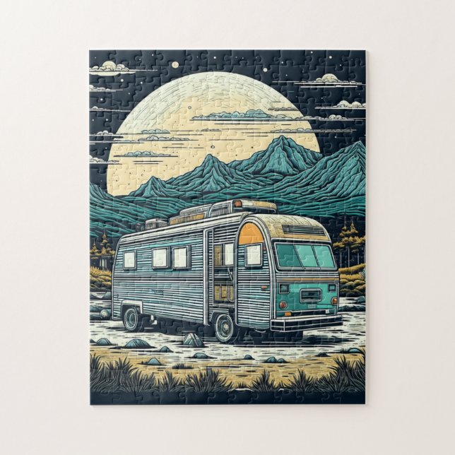 Vintager RV in den Bergen mit Vollmond Puzzle (Vertikal)