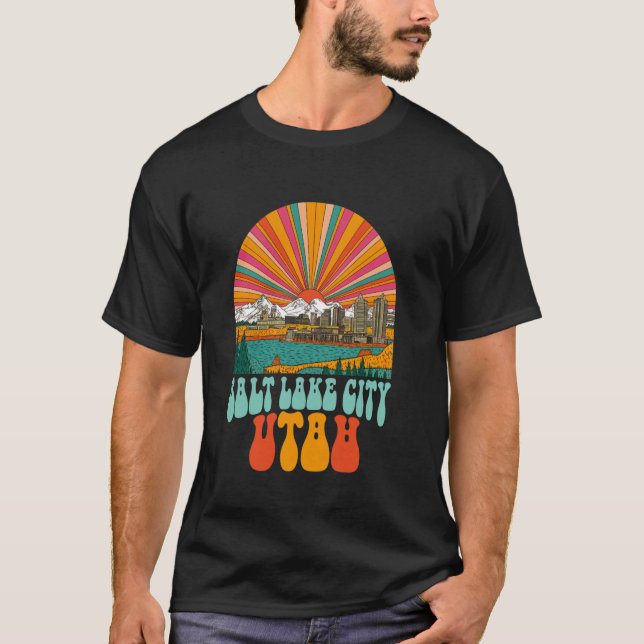 Vintager Salzsee Utah Sunset Skyline Citysca T-Shirt (Vorderseite)