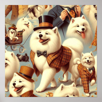 Vintager Samoyed Hund Nahtlose Malerei Poster