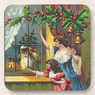 Vintager Santa at Window Set von Cork Untersetzer