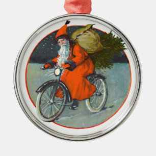 Vintager Santa auf einem alten Fahrradschmuck Ornament Aus Metall