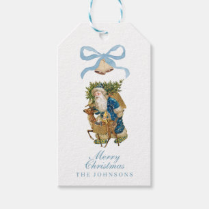 Vintager Santa Blue Bow Bells Weihnachtsfeiertag Geschenkanhänger
