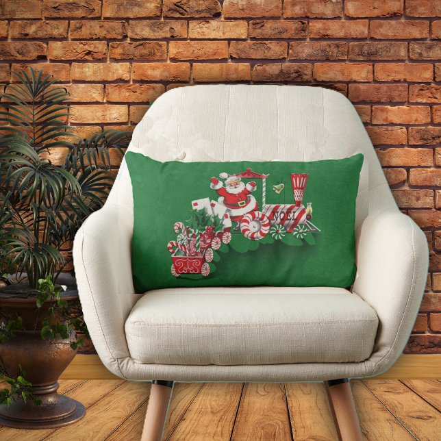 Vintager Santa Claus Peppermint Candy Train Lendenkissen (Santa riding on Christmas train with letters candy on green Christmas home decor decorative pillow.)