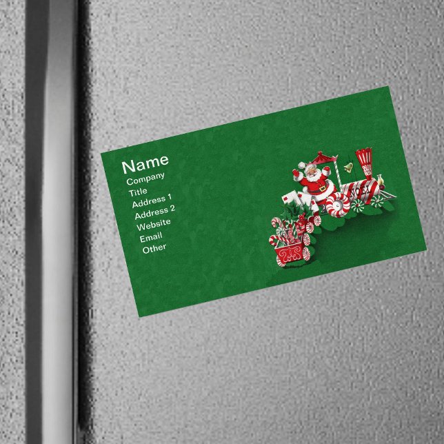 Vintager Santa Claus Peppermint Candy Train Magnetische Visitenkarte (Santa riding peppermint candy train with letters candy canes on dark green magnetic business cards.)