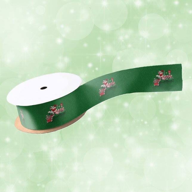 Vintager Santa Claus Peppermint Candy Train Satinband (Santa Claus on peppermint candy train carrying letters and candy canes on green roll of ribbon.)