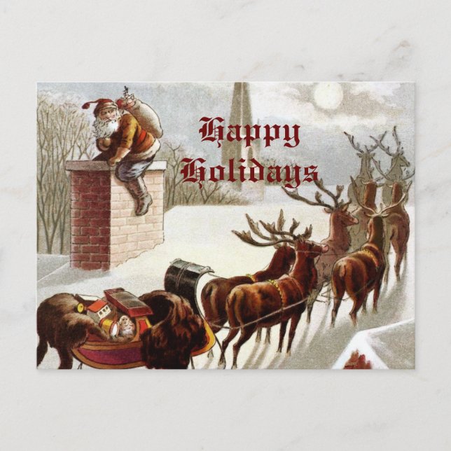 Vintager Santa Claus Reindeer Sleigh Postkarte (Vorderseite)