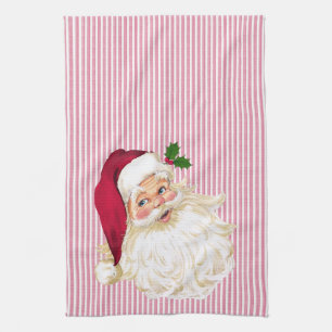 Vintager Santa Cranberry und weißer Streifen Geschirrtuch