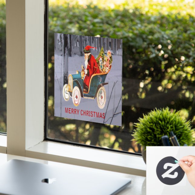 Vintager Santa Driving Moderne Schneeszene 8x8 Vin Fensteraufkleber (Büro)