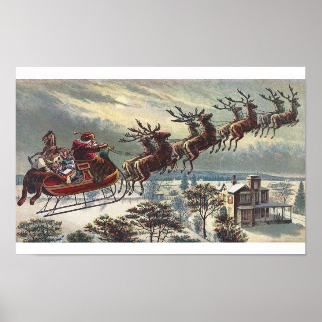 Vintager Santa in Sleigh Flying Poster (Vorne)