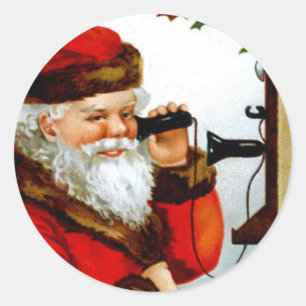 Vintager Santa mit Telefon Runder Aufkleber