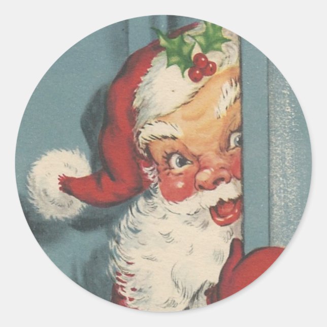 Vintager Santa Peeking Runder Aufkleber (Vorderseite)