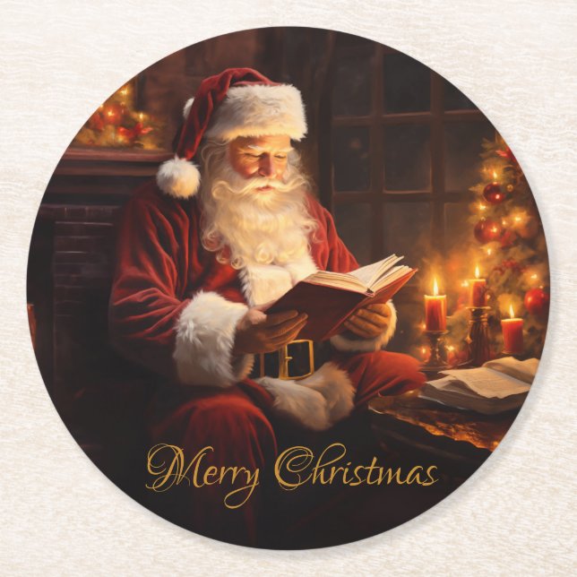 Vintager Santa Reading Runder Pappuntersetzer (Vorderseite)