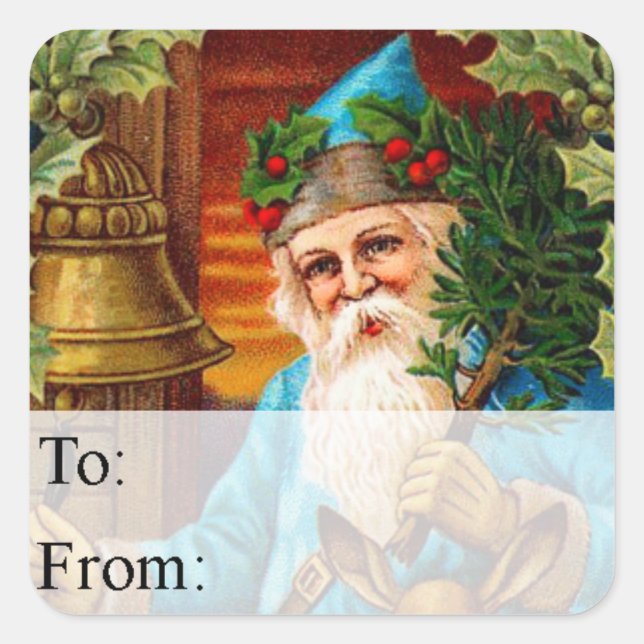 Vintager Santa Ringing Bell-Tag Quadratischer Aufkleber (Vorderseite)