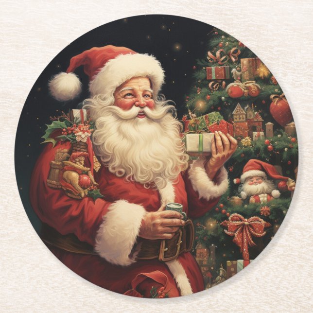 Vintager Santa Santa Santa Santa Santa Runder Pappuntersetzer (Vorderseite)