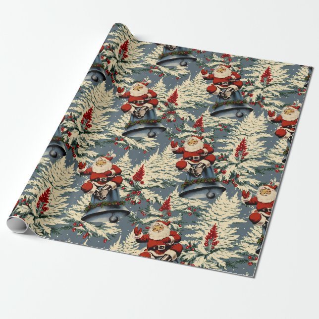 Vintager Santa und Bell Dark Blue Geschenkpapier (Ungerollt)
