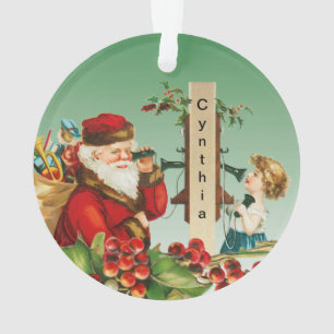 Vintager Santa und Mädchen am Telefon mit Namen  Ornament