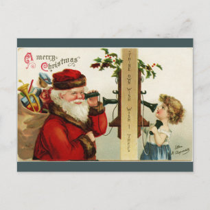 Vintager Santa und Mädchen auf der Telefonpostkart Feiertagspostkarte