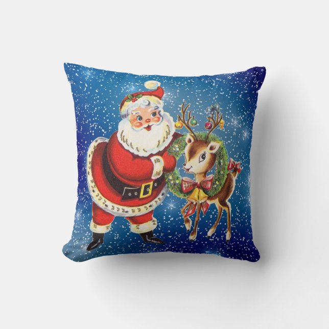 Vintager Santa- und Rentierwurfkissen Kissen (Vorderseite)