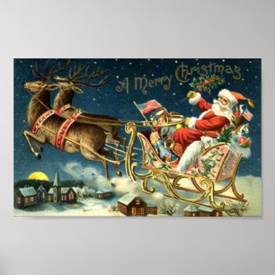 Vintager Santa und Sleigh Poster