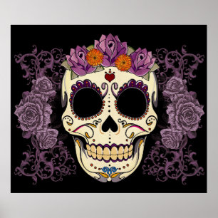 Vintager Schädel und Rosen-Druck Poster