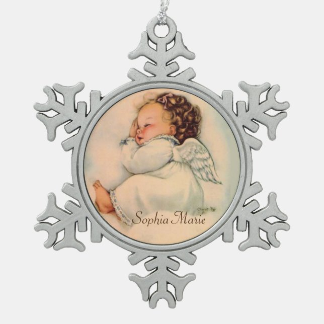 Vintager Schlafenbaby-Mädchen-Engel Schneeflocken Zinn-Ornament (Vorderseite)