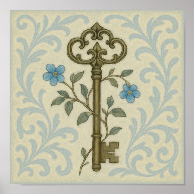 Vintager Schlüssel & blaue Blumenwall Poster (Vorne)