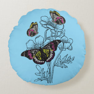 Vintager Schmetterling, ästhetische Blume Rundes Kissen