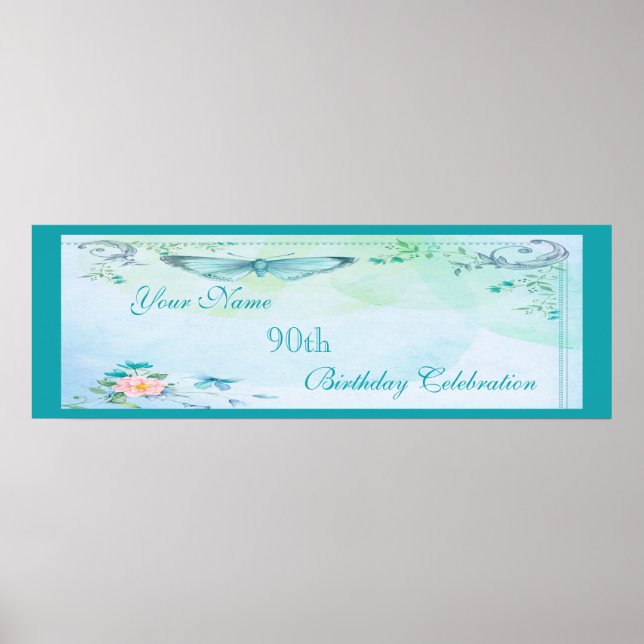 Vintager Schmetterling, Blume & Wirbel 90. Geburts Poster (Vorne)