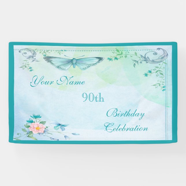 Vintager Schmetterling, Blumen u. Wirbels-90. Banner (Horizontal)