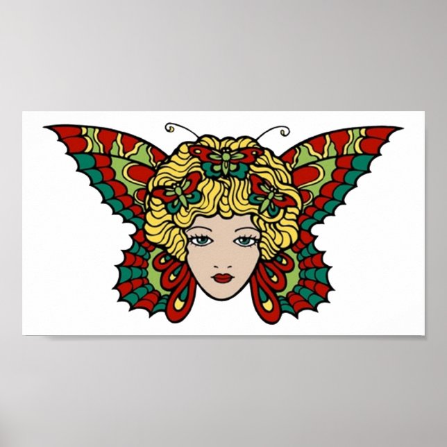Vintager Schmetterling Frau Tattoo Art Poster (Vorne)