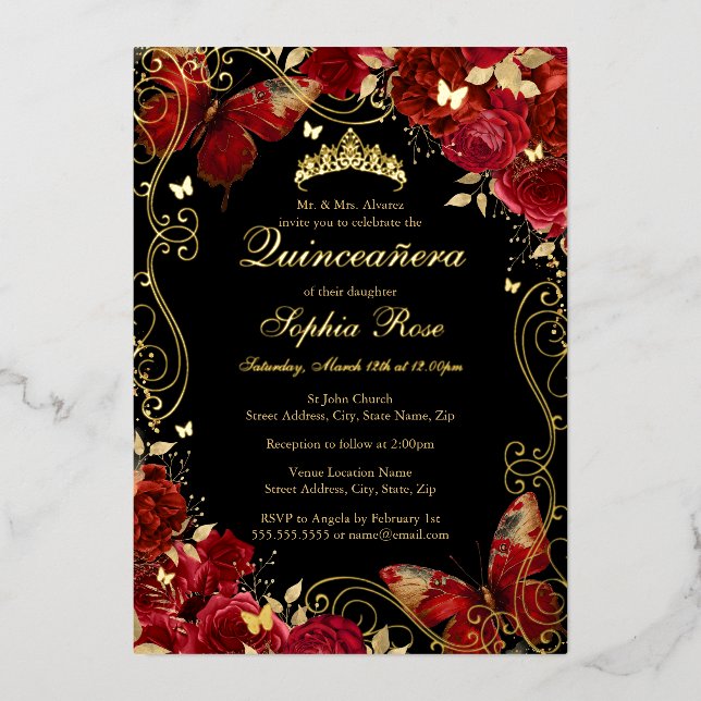 Vintager Schmetterling Gold Rote Floral Quinceaner Folieneinladung (Vorderseite)