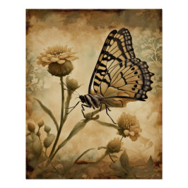 Vintager Schmetterling mit gelben Blumen Poster