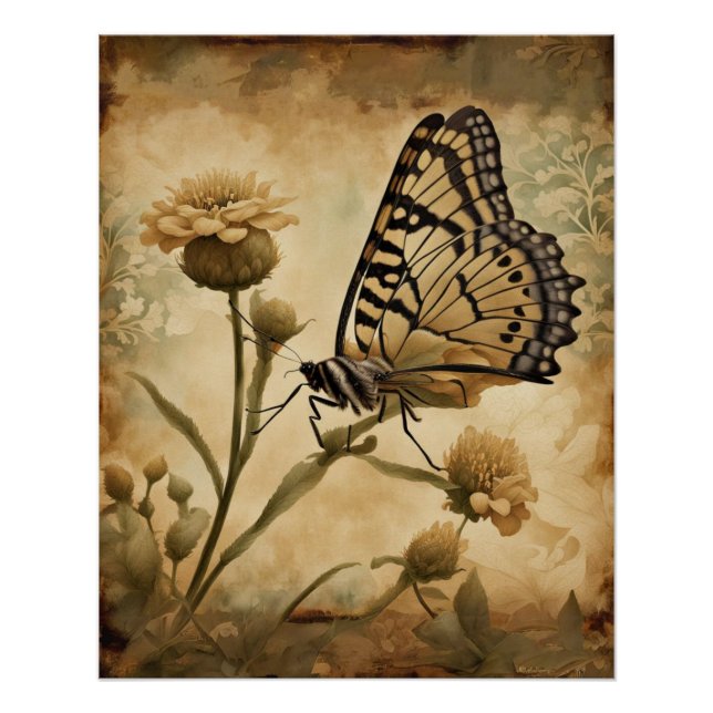 Vintager Schmetterling mit gelben Blumen Poster (Vorderseite)