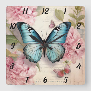 Vintager Schmetterling und Blume Quadratische Wanduhr
