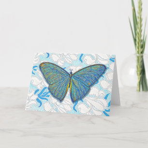 Vintager Schmetterling und Blumen in Blauer Kunst Karte