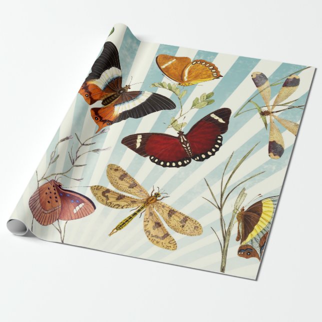 Vintager Schmetterling und Drachenfliege Geschenkpapier (Ungerollt)