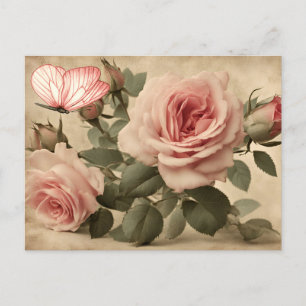 Vintager Schmetterling und rosa Rosen Postkarte