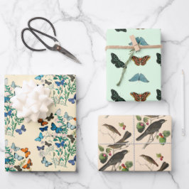 Vintager Schmetterling-Vogel-Muster rosa grün Geschenkpapier Set