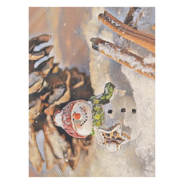 Vintager Schneemann im Schnee Zeichnend Tischdecke (Vorderseite)