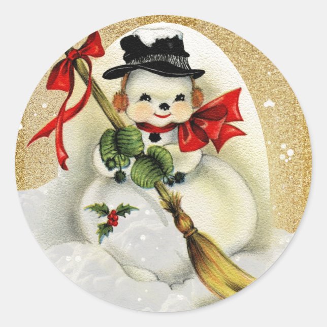 Vintager Schneemann mit Gold Glitzer Weihnachtskla Runder Aufkleber (Vorderseite)
