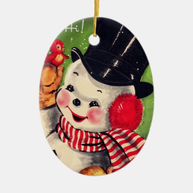 Vintager Schneemann mit Red Bird Keramikornament (Vorne)