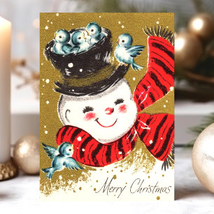 Vintager Schneemann und Bluebirts frohe Weihnachte Feiertagskarte