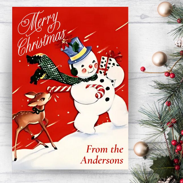 Vintager Schneemann und Hirsche Weihnachten (Vintage Snowman And Deer Custom Christmas Holiday Card)