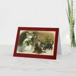 Vintager Schneemann und Katzen Weihnachtskarte Feiertagskarte