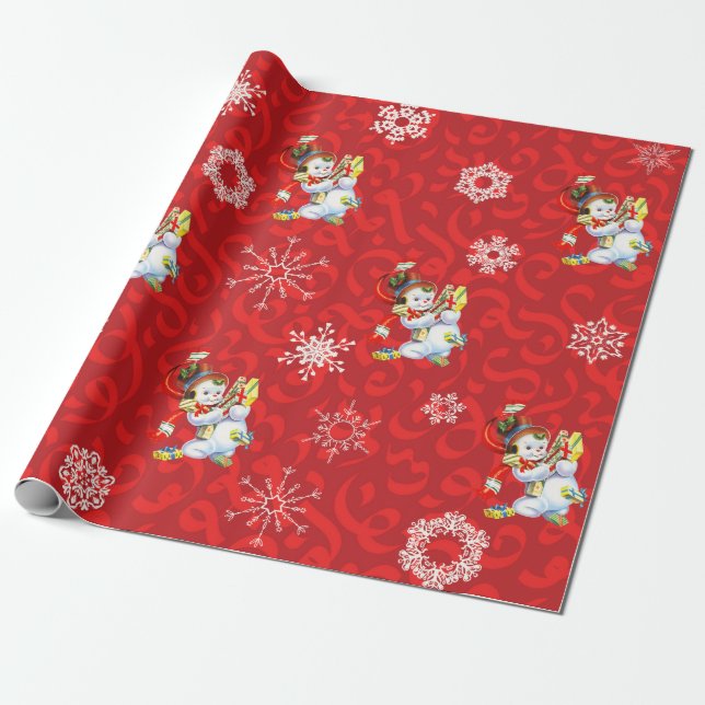 Vintager Schneemann und Schneeflocke Geschenkpapier (Ungerollt)