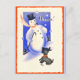 Vintager Schneemann und Welpe Feiertagspostkarte