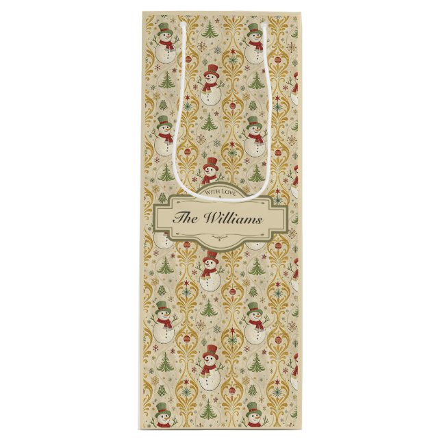Vintager Schneemann & Weihnachtsbaum Custom Geschenktüte Für Weinflaschen (Vorderseite)