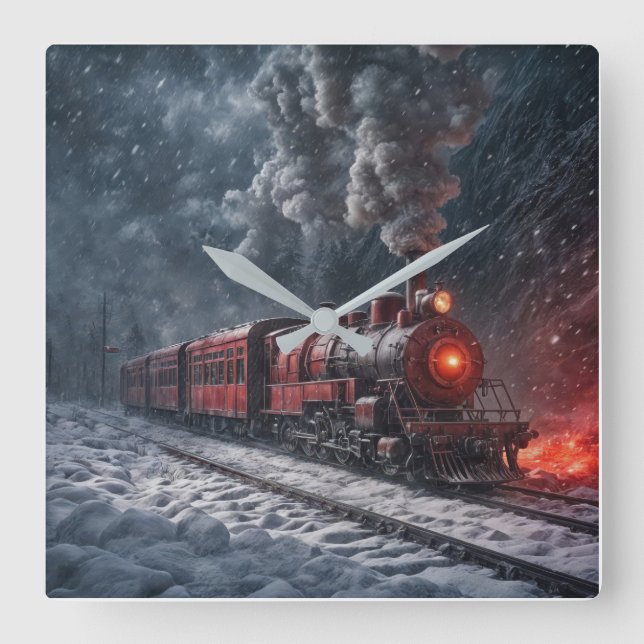 Vintager Schneezug Quadratische Wanduhr (Vorderseite)